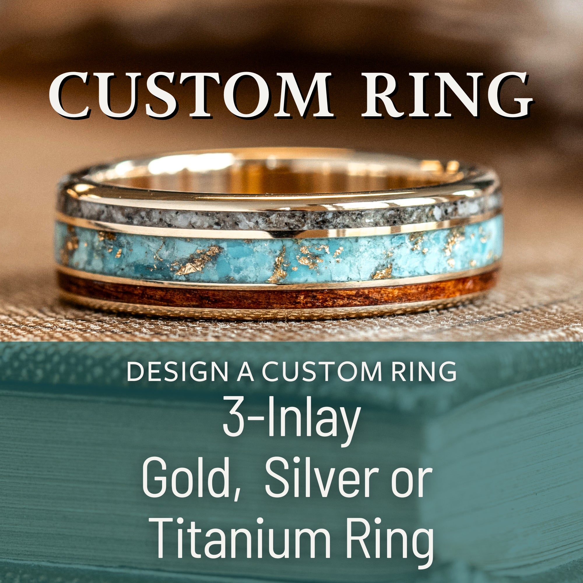 Custom Gold, Silver or Titanium Band - 3-Inlay Ring (Wide Center ...
