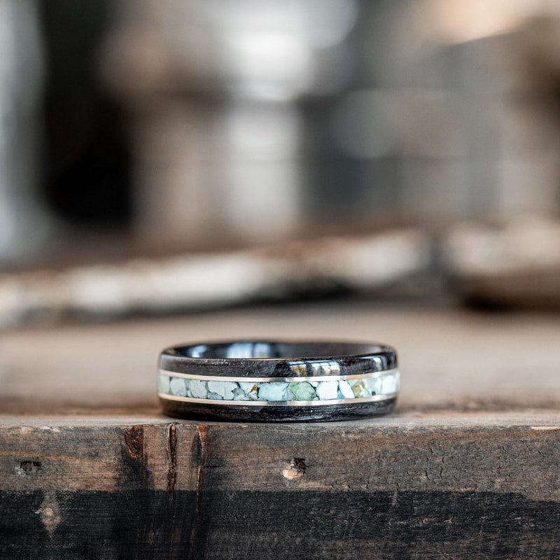    custom-whiskey-barrel-wood-ring-turquoise-dual-sterling-silver-inlays-rustic-and-main