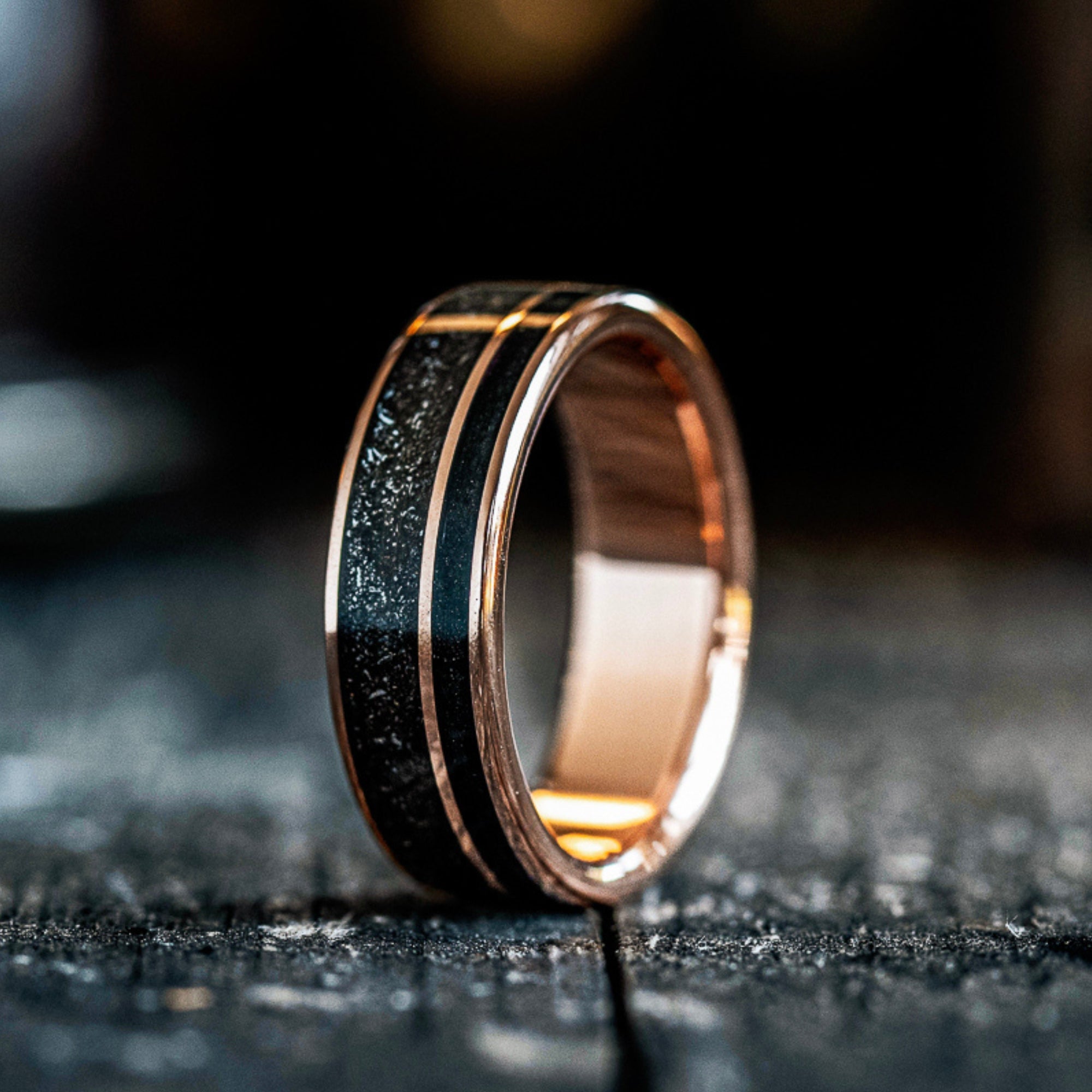 Men's Gold Wedding Band with Whiskey Barrel Wood & Meteorite – Rustic ...