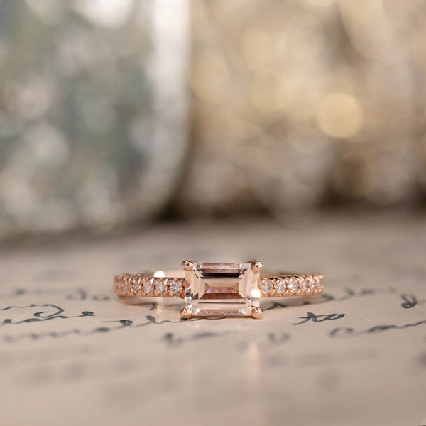 east-west-emerald-cut-peach-morganite-14k-rose-gold-engagement-ring-diamond-pave-setting-rustic-and-main