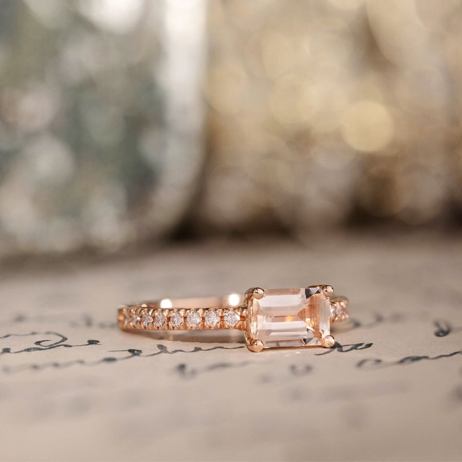 east-west-emerald-cut-peach-morganite-14k-rose-gold-engagement-ring-diamond-pave-setting-rustic-and-main