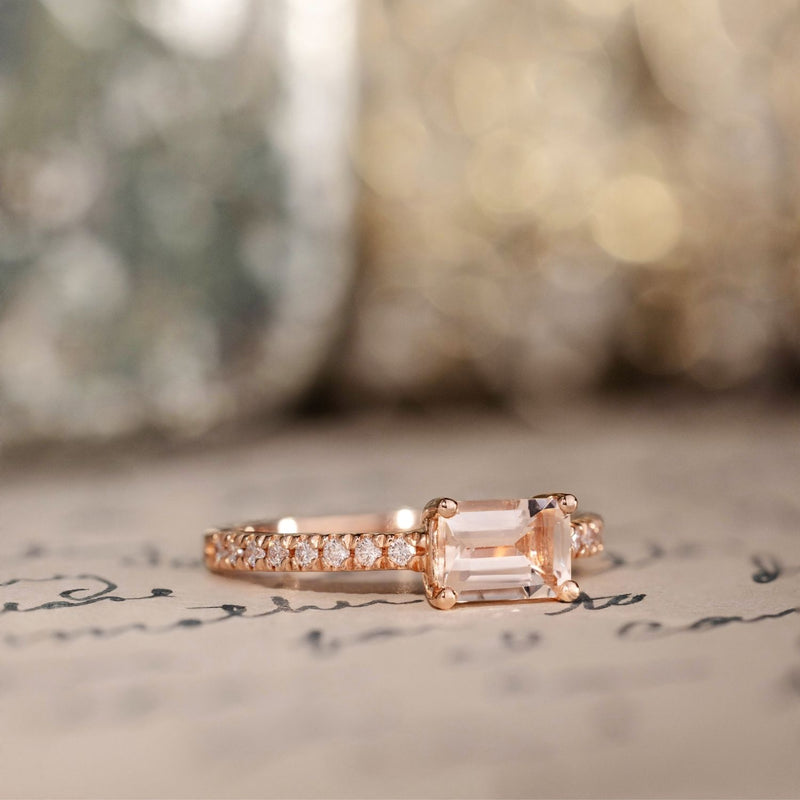 14K Rose Gold Morganite & Diamond Engagement Ring – Cushion Morganite With Round White Diamonds, Size 7