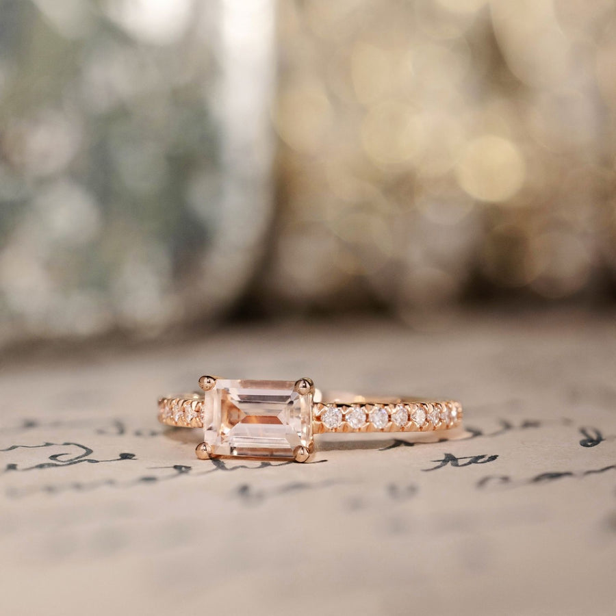 east-west-emerald-cut-peach-morganite-14k-rose-gold-engagement-ring-diamond-pave-setting-rustic-and-main