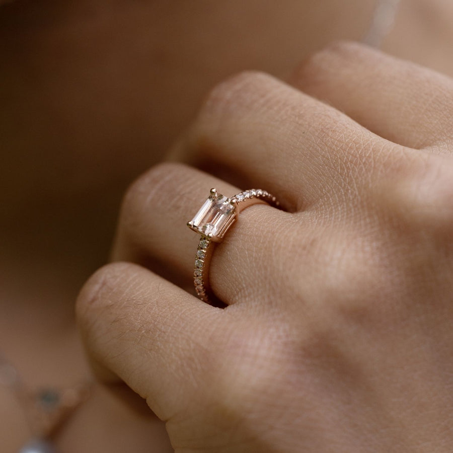 east-west-emerald-cut-peach-morganite-14k-rose-gold-engagement-ring-diamond-pave-setting-rustic-and-main