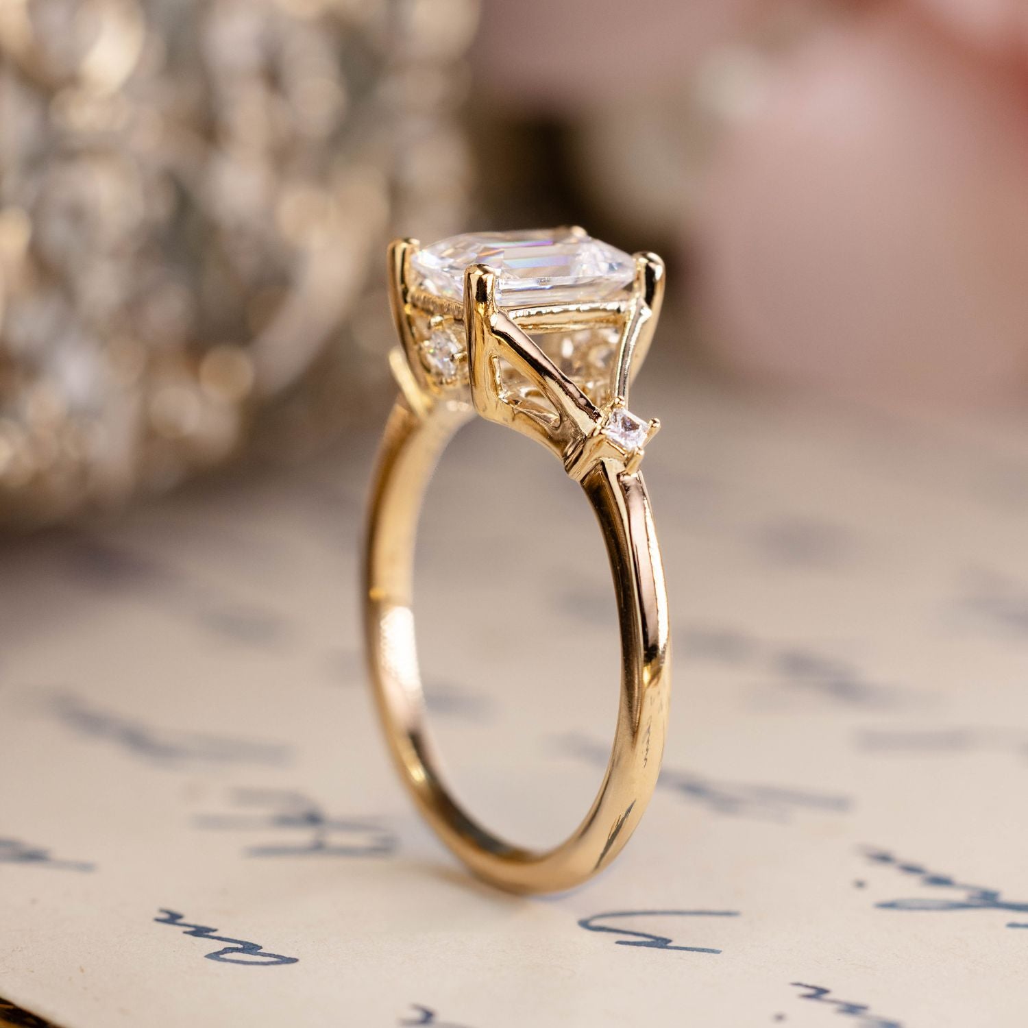 The Celeste |Emerald Cut Diamond Engagement Ring with Split Shank