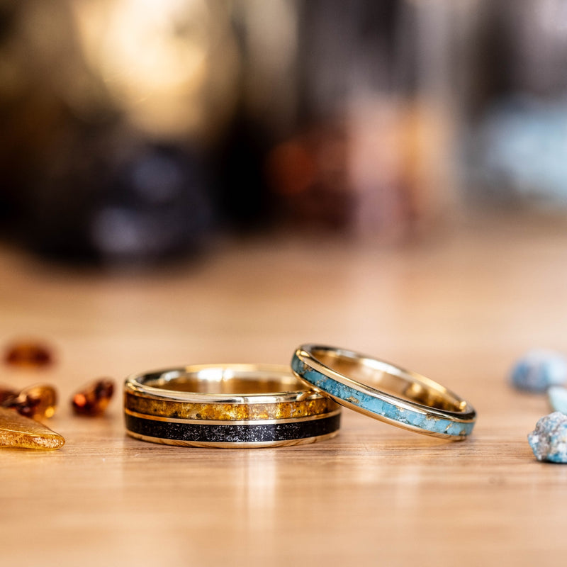 The Equinox & Phoenix - His and Hers Unique Gold Wedding Band Set