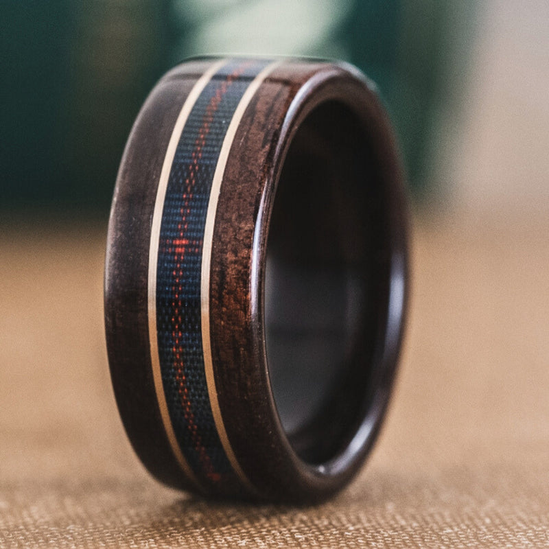 The Flower of Scotland | Men's Rosewood Wedding Band with Tartan and Dual Metal Inlays