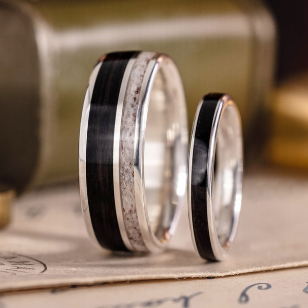 The Frontiersman & The Helen -  Black Whiskey Barrel and Titanium Wedding Band Set