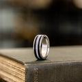 (In-Stock) The Frontiersman | Men's 10K White Gold Wedding Band with Black Whiskey Barrel Wood & Elk Antler - Size 10.75 | 8mm Wide