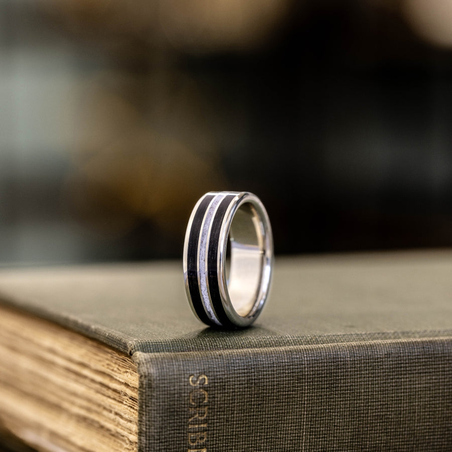 (In-Stock) The Frontiersman | Men's 10K White Gold Wedding Band with Black Whiskey Barrel Wood & Elk Antler - Size 10.75 | 8mm Wide