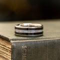(In-Stock) The Frontiersman | Men's 10K White Gold Wedding Band with Black Whiskey Barrel Wood & Elk Antler - Size 10.75 | 8mm Wide