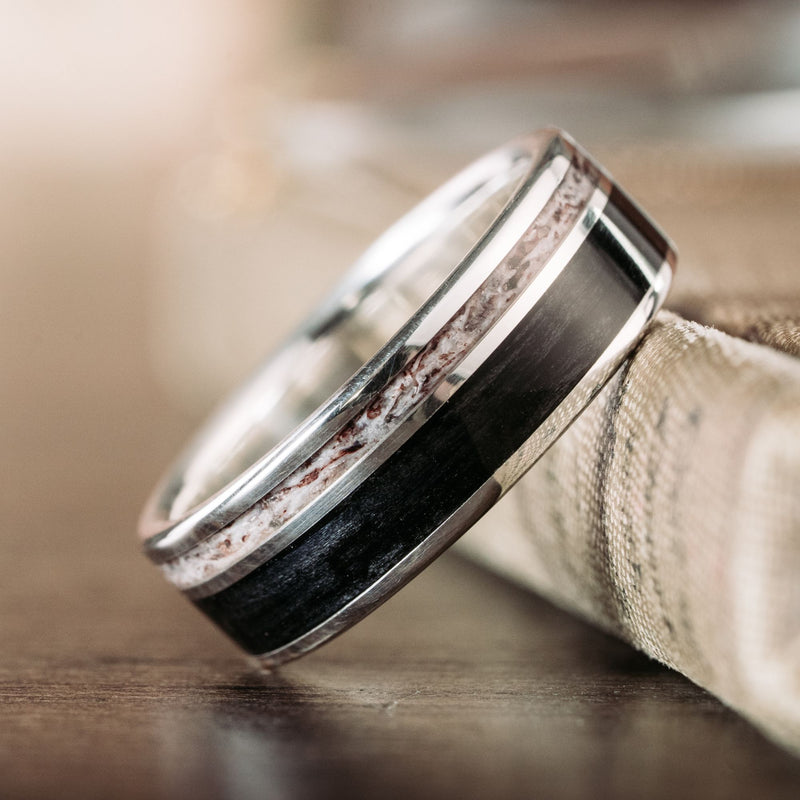 gents-weekend-mens-silver-wedding-band-whiskey-barrel-wood-and-elk-antler-rustic-and-main