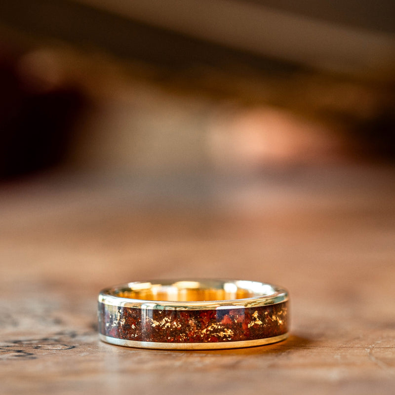 Flat Polished 14K Rose Gold Wedding Ring with Green Dinosaur Bone Inlay - 8  mm ~ (G65-943) - Roy Rose Jewelry