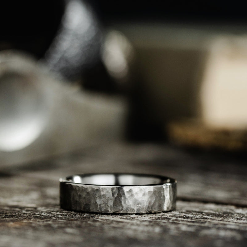 hammered-titanium-mens-wedding-band-grey-the-arche-rustic-and-main-rings