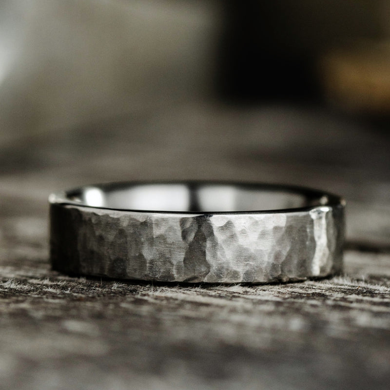 hammered-titanium-mens-wedding-band-grey-the-arche-rustic-and-main-rings