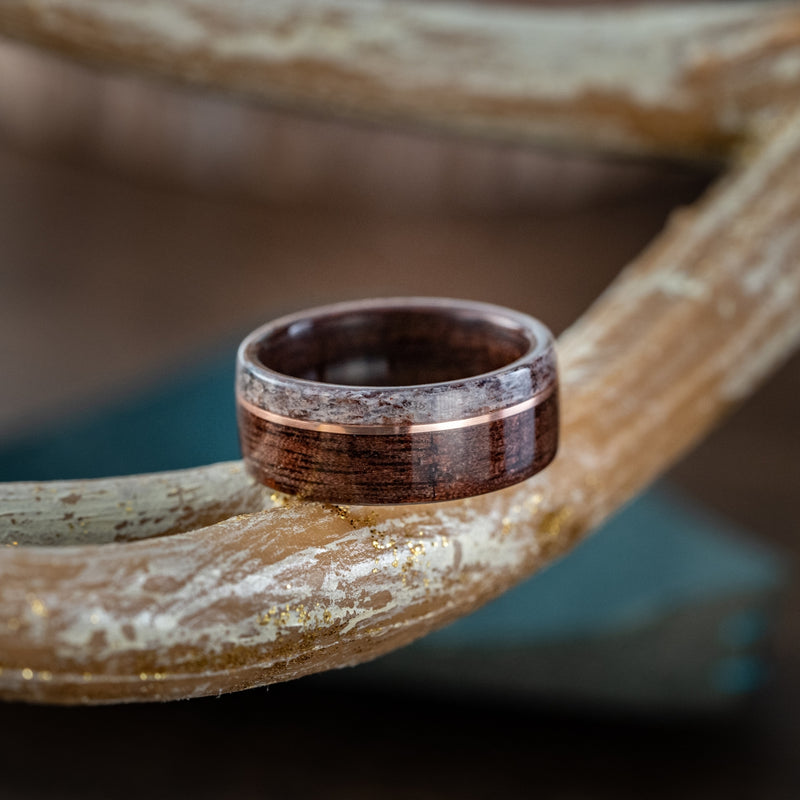 The High Country | Men's Antique Walnut Wood Wedding Band with Elk Antler & Offset Metal Inlay