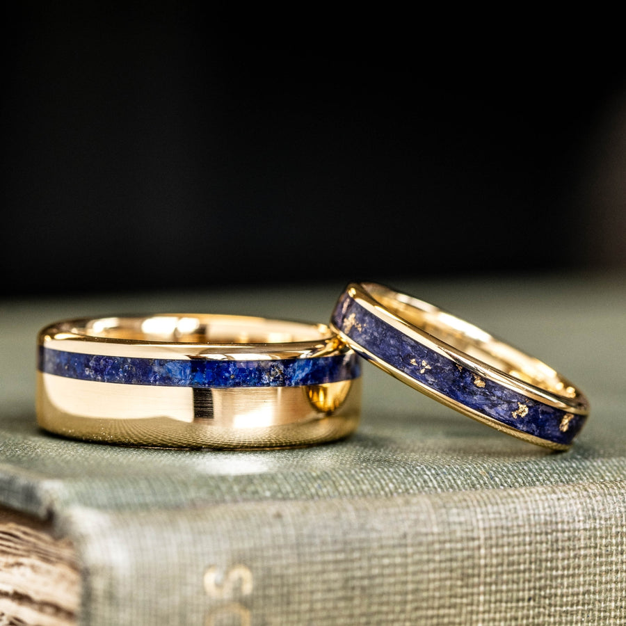 Shown: Pharaoh 10k Yellow Gold 6mm Width | Starry Night 10k Yellow Gold 4mm Width 