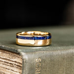 (In-Stock) The Pharaoh | Men's 10k Yellow Gold Wedding Band with Offset Lapis Lazuli - Size 11 | 8mm Wide