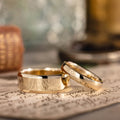 his-and-hers-solid-gold-wedding-band-set-8mm-beveled-edge-4mm-classic-the-arc-and-ella-rustic-and-main :: Shown in 8mm Men's & 4mm Women's | Yellow Gold 