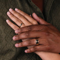 his-and-hers-solid-gold-wedding-band-set-8mm-beveled-edge-4mm-classic-the-arc-and-ella-rustic-and-main :: Shown in 8mm Men's & 4mm Women's | Yellow Gold 