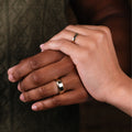 his-and-hers-solid-gold-wedding-band-set-8mm-beveled-edge-4mm-classic-the-arc-and-ella-rustic-and-main :: Shown in 8mm Men's & 4mm Women's | Yellow Gold 