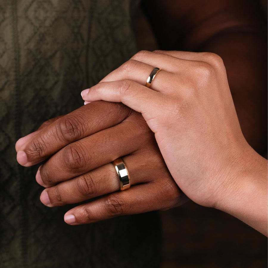 his-and-hers-solid-gold-wedding-band-set-8mm-beveled-edge-4mm-classic-the-arc-and-ella-rustic-and-main :: Shown in 8mm Men's & 4mm Women's | Yellow Gold 