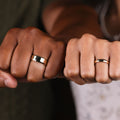 his-and-hers-solid-gold-wedding-band-set-8mm-beveled-edge-4mm-classic-the-arc-and-ella-rustic-and-main :: Shown in 8mm Men's & 4mm Women's | Yellow Gold 