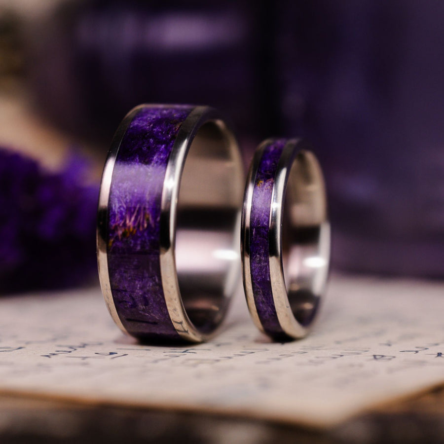 impressionist-cassat-floral-purple-titanium-wedding-ring-set-lavender-rustic-and-main