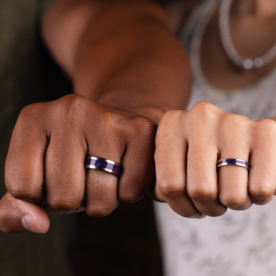impressionist-cassat-floral-purple-titanium-wedding-ring-set-matching-couple-rustic-and-main