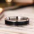 in-stock-the-speakeasy-mens-titanium-wedding-band-whiskey-barrel-wood ::Shown in 6mm Wide | Titanium