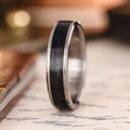 in-stock-the-speakeasy-mens-titanium-wedding-band-whiskey-barrel-wood ::Shown in 6mm Wide | Titanium