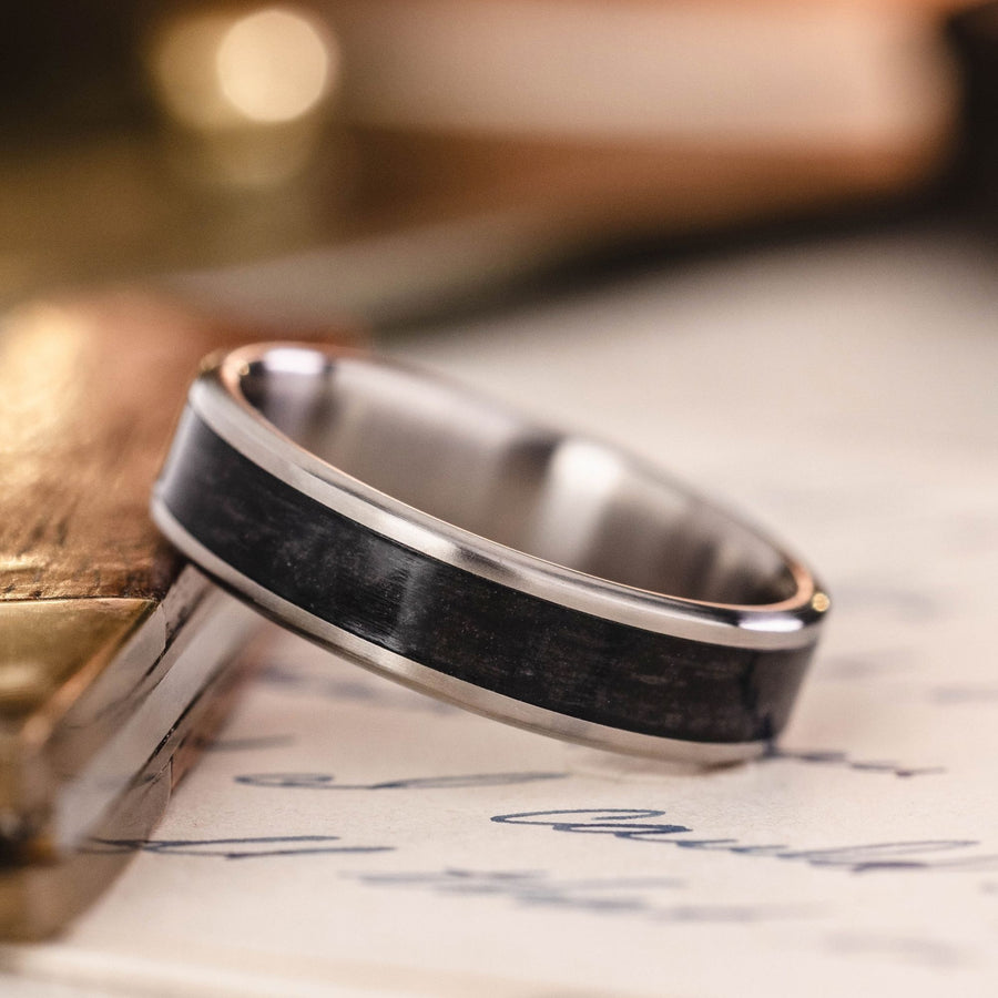 in-stock-the-speakeasy-mens-titanium-wedding-band-whiskey-barrel-wood ::Shown in 6mm Wide | Titanium
