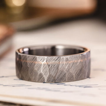 in-stock-apollo-mens-faceted-titanium-wedding-band-14k-rose-gold-offset-inlay-rustic-and-main :: Shown in 8mm Wide | Titanium