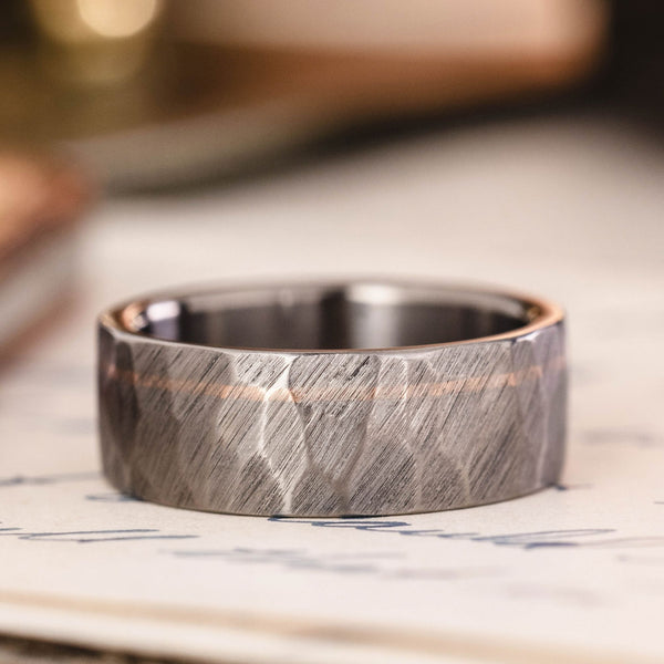 in-stock-apollo-mens-faceted-titanium-wedding-band-14k-rose-gold-offset-inlay-rustic-and-main :: Shown in 8mm Wide | Titanium
