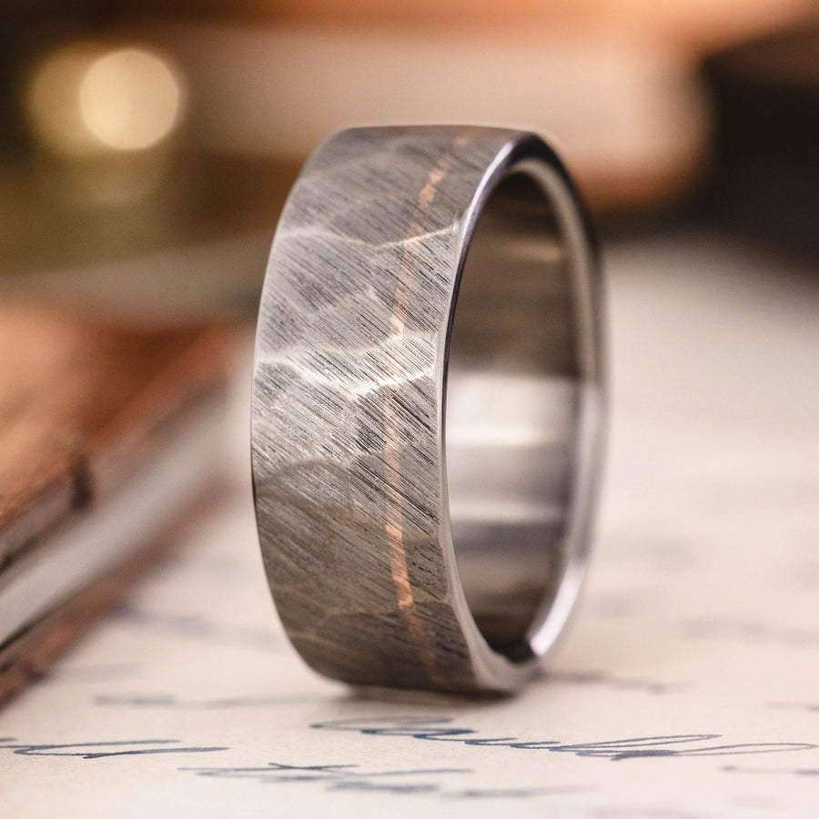 in-stock-apollo-mens-faceted-titanium-wedding-band-14k-rose-gold-offset-inlay-rustic-and-main :: Shown in 8mm Wide | Titanium