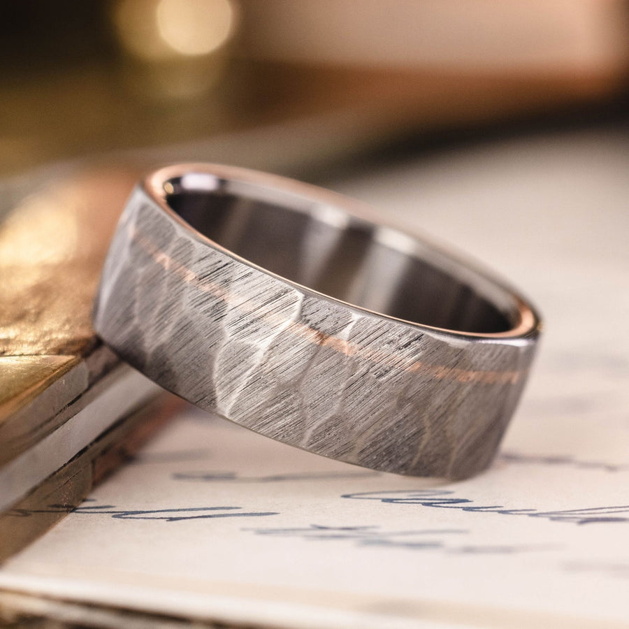 in-stock-apollo-mens-faceted-titanium-wedding-band-14k-rose-gold-offset-inlay-rustic-and-main :: Shown in 8mm Wide | Titanium
