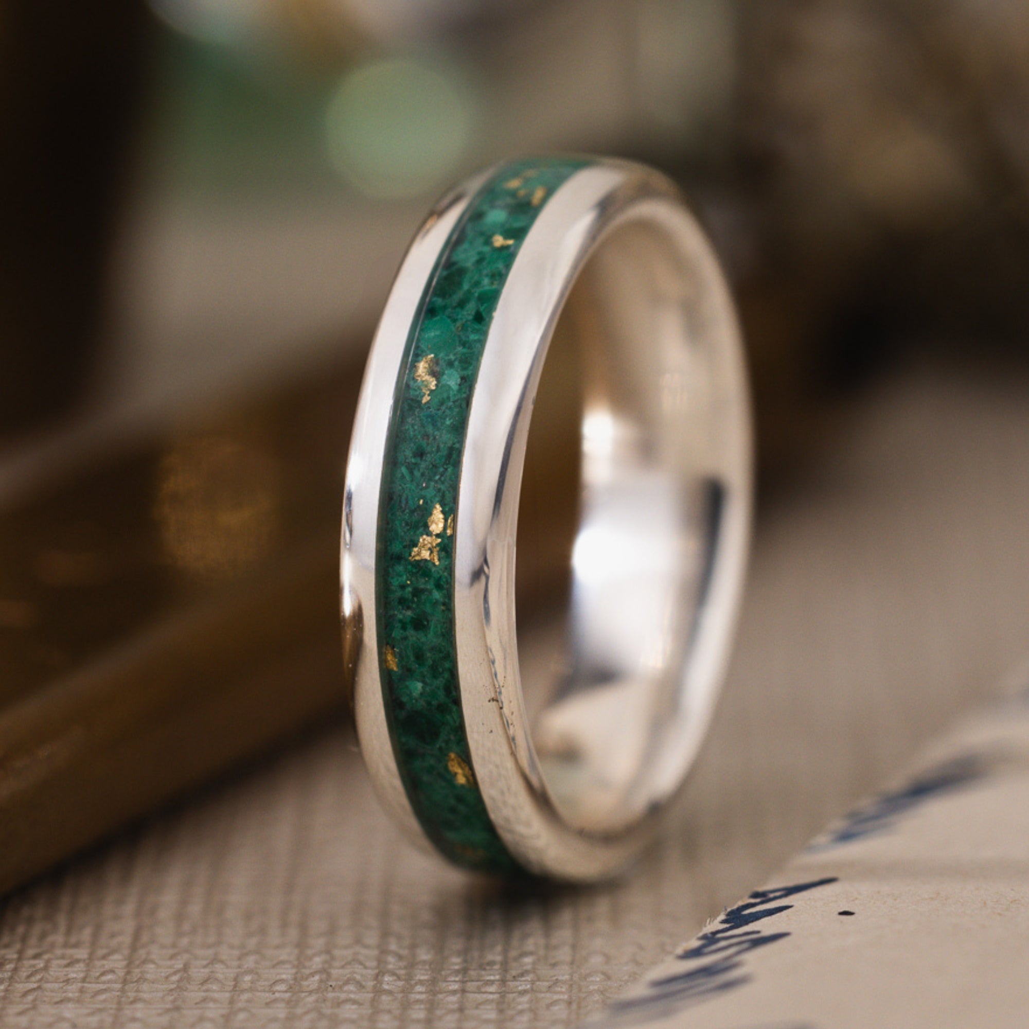 Custom Malachite Sterling Silver Ring with Gold Flakes - Size 7.25