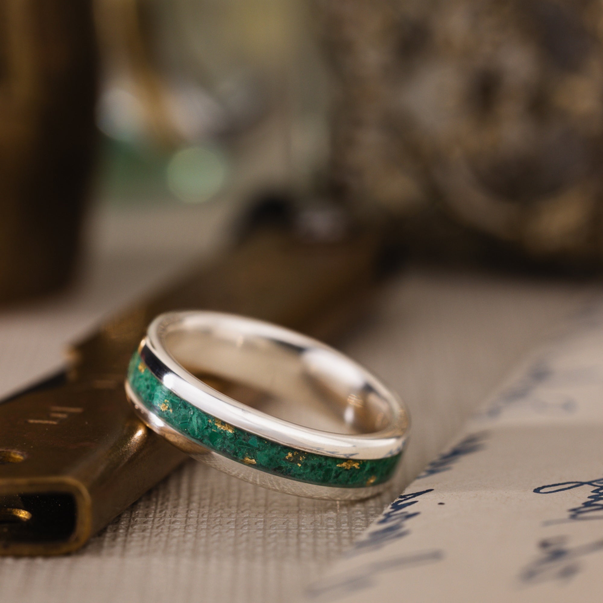 Custom Malachite Sterling Silver Ring with Gold Flakes - Size 7.25