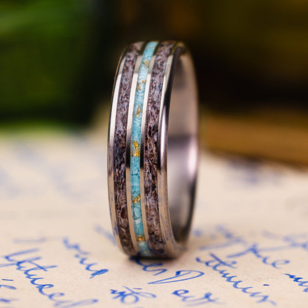 in-stock-custom-mens-titanium-ring-elk-antler-turquoise-gold-flakes-size-8-75-6mm-wide