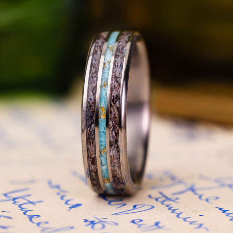 in-stock-custom-mens-titanium-ring-elk-antler-turquoise-gold-flakes-size-8-75-6mm-wide