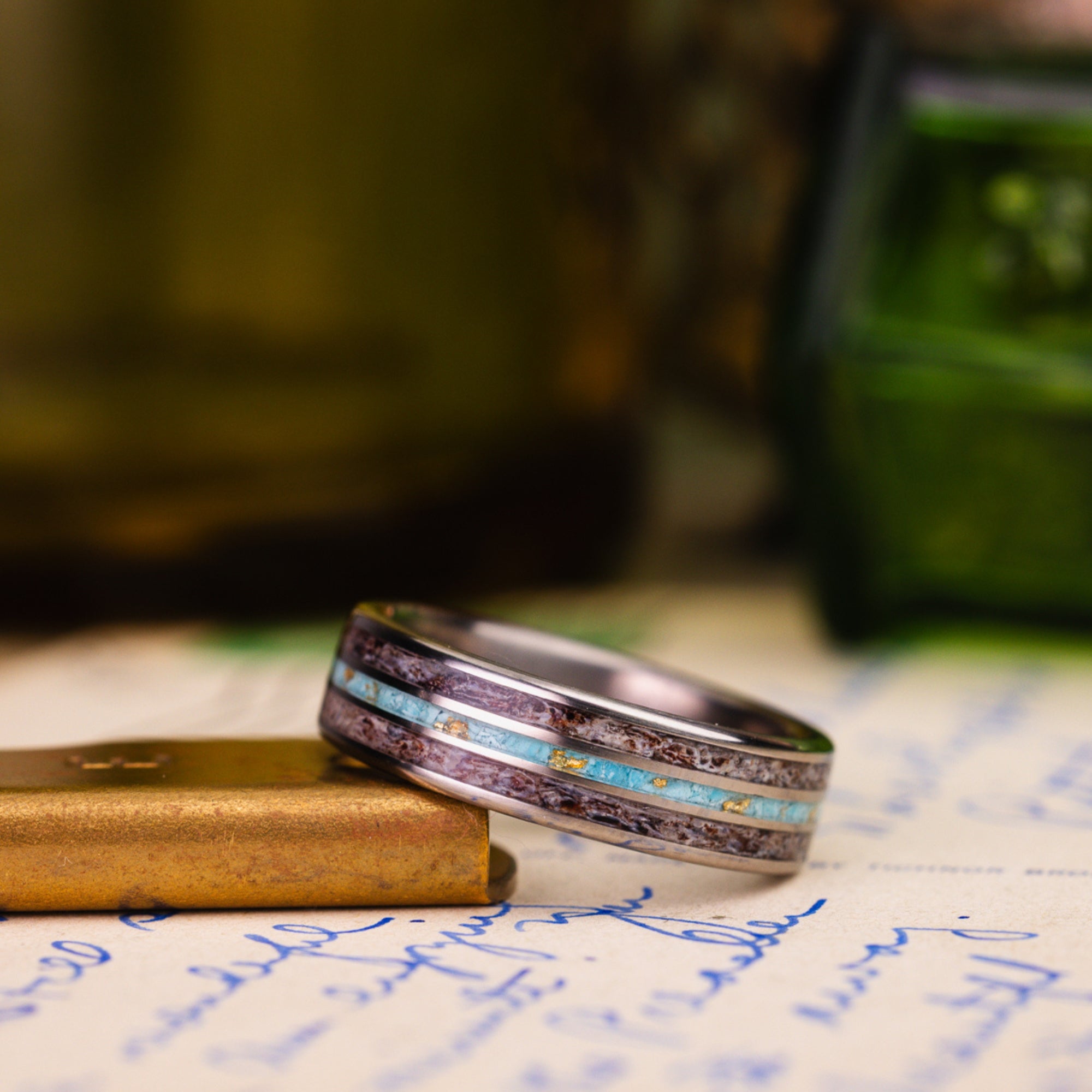 Custom Men's Titanium Ring with Elk Antler, Turquoise & Gold
