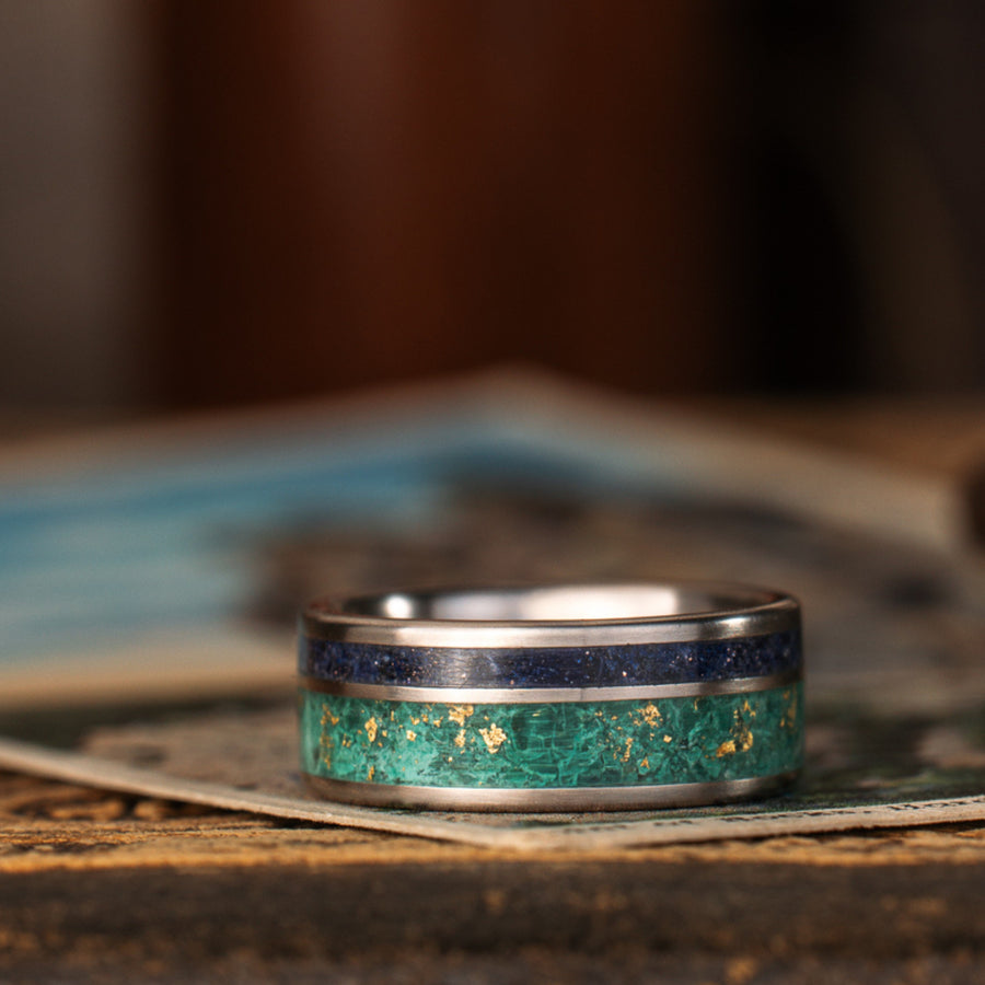 in-stock-custom-titanium-ring-malachite-gold-flakes-blue-goldstone-size-7-75-8mm-wide