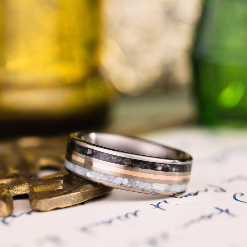 in-stock-custom-titanium-ring-mother-of-pearl-14k-rose-gold-inlay-black-mother-of-pearl-size-7-75-6mm-wide-rustic-and-main