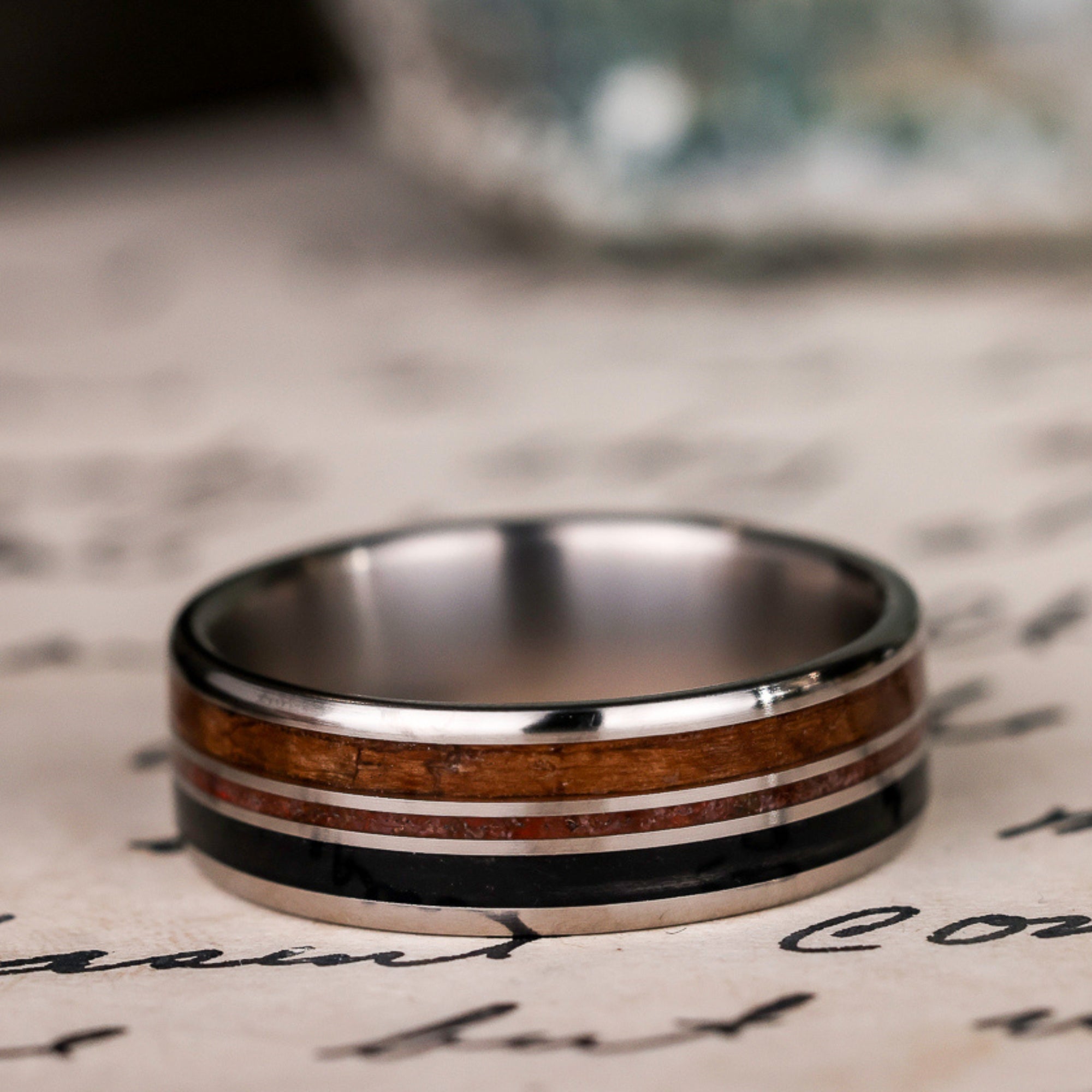 Custom Titanium Ring with Weathered Whiskey Barrel, Dinosaur Bone & USS ...