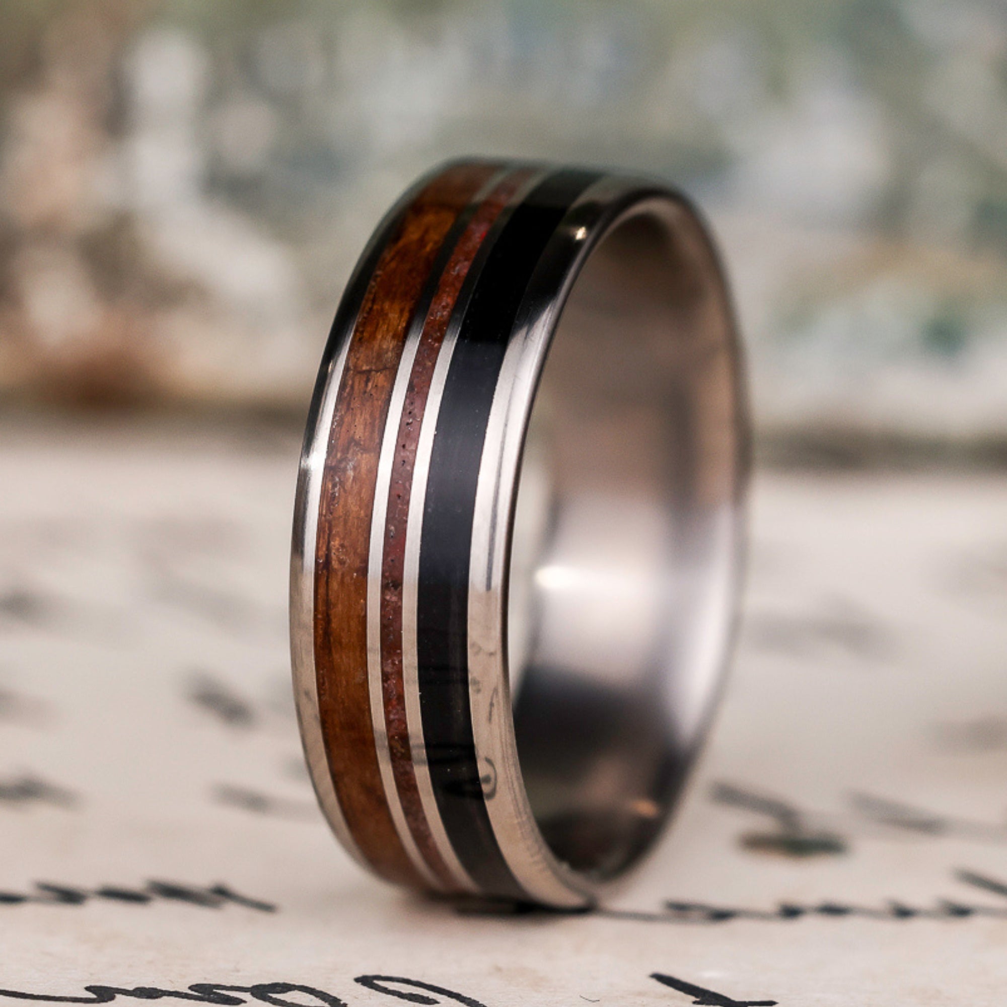 Custom Titanium Ring with Weathered Whiskey Barrel, Dinosaur Bone & USS ...