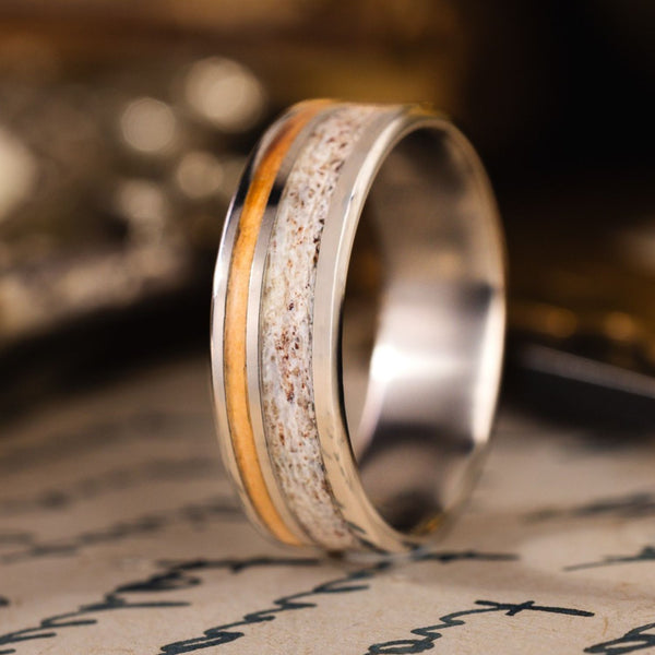 (In-Stock) Custom Titanium Ring with Elk Antler and Bethlehem Olive Wood - Size 9.25 | 7mm Wide