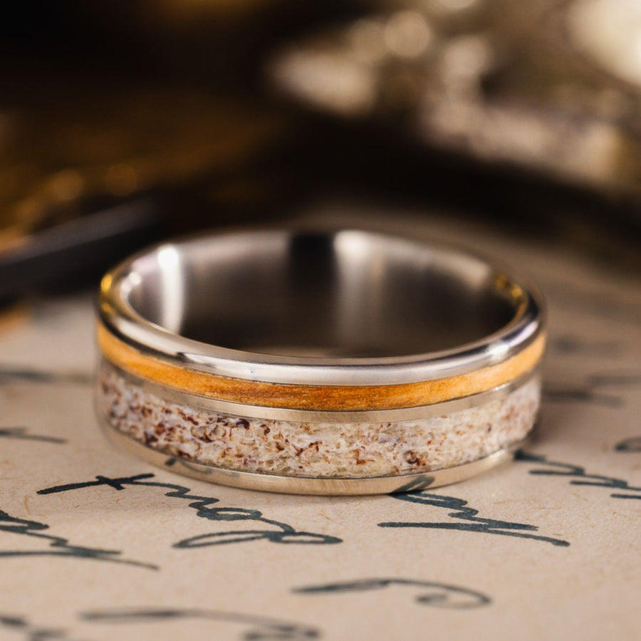 (In-Stock) Custom Titanium Ring with Elk Antler and Bethlehem Olive Wood - Size 9.25 | 7mm Wide