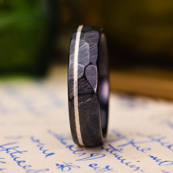 in-stock-the-apollo-noir-mens-hammered-black-titanium-wedding-band-offset-silver-inlay-size-9-75-6mm-wide