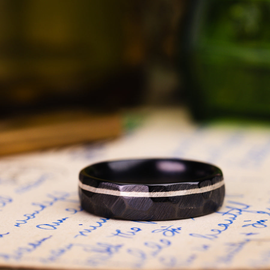 in-stock-the-apollo-noir-mens-hammered-black-titanium-wedding-band-offset-silver-inlay-size-9-75-6mm-wide_1