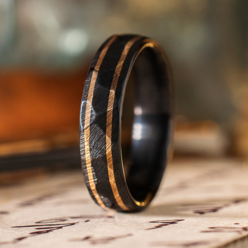 in-stock-the-apollo-renegade-noir-mens-hammered-black-titanium-wedding-band-dual-outer-14k-yellow-gold-inlays-size-11-5-6mm-wide